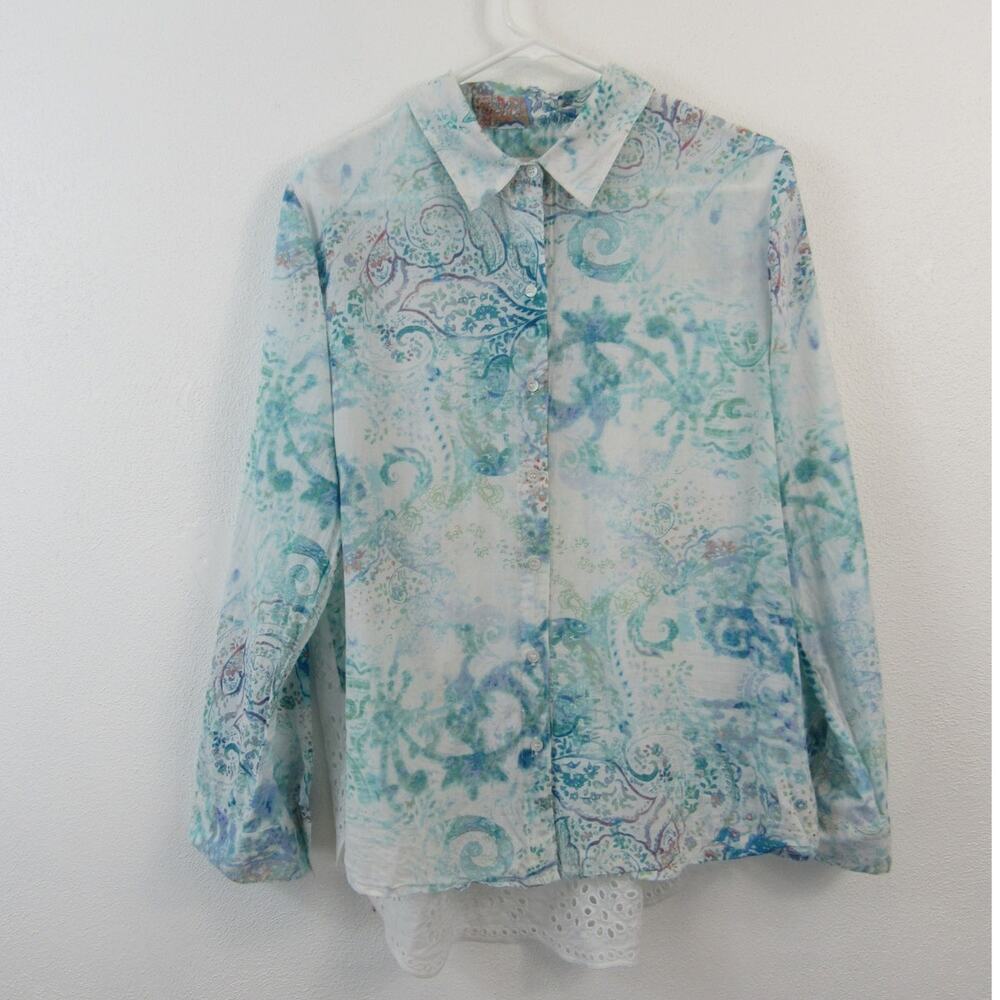 Chico's Size 2 - Large Blue Paisley Abstract Print Button Up Blouse Roll Tab